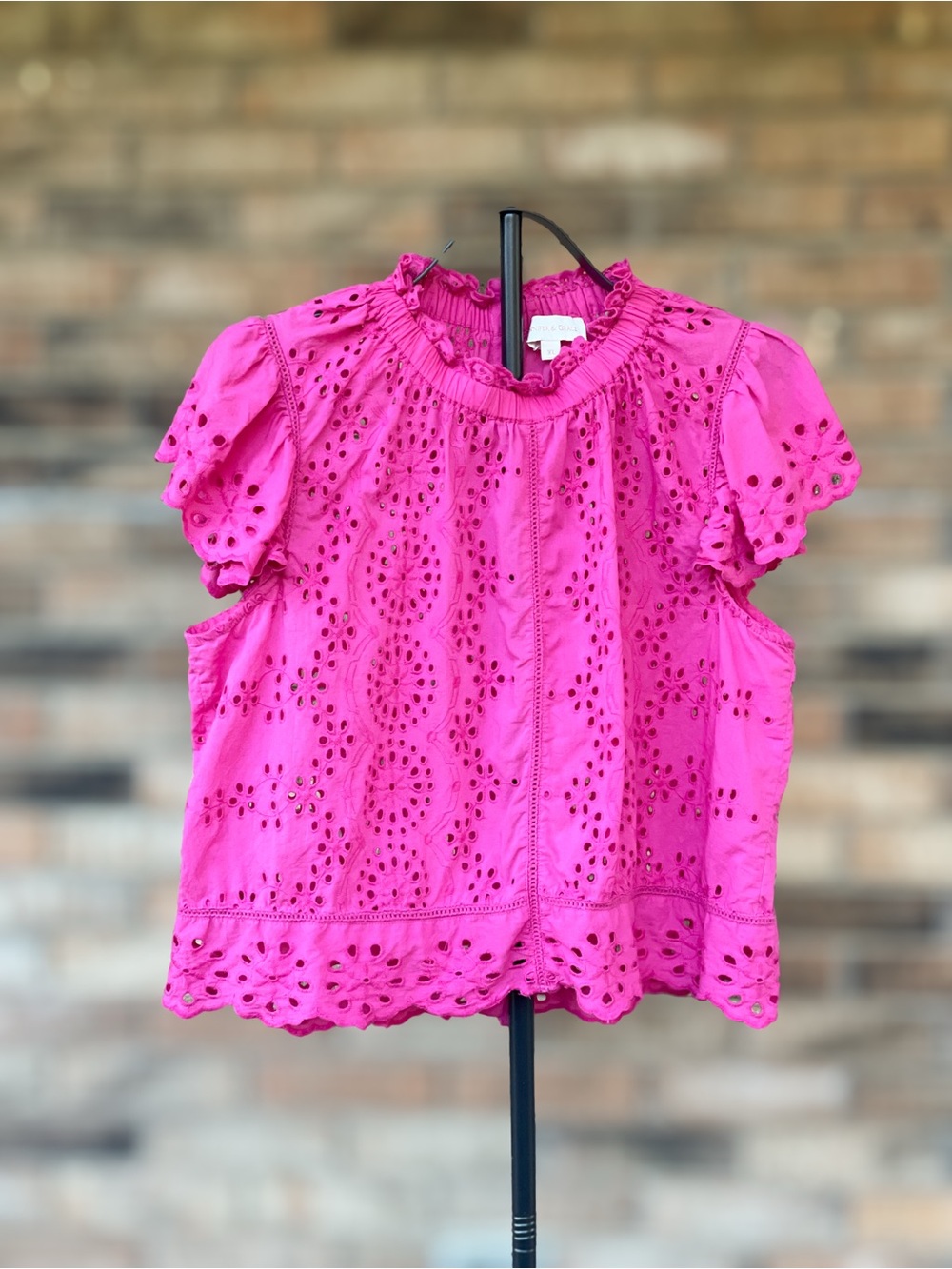 Jennifer & Grace XL Hot Pink Eyelet Blouse Ruffle Flutter Sleeve Cotton Top